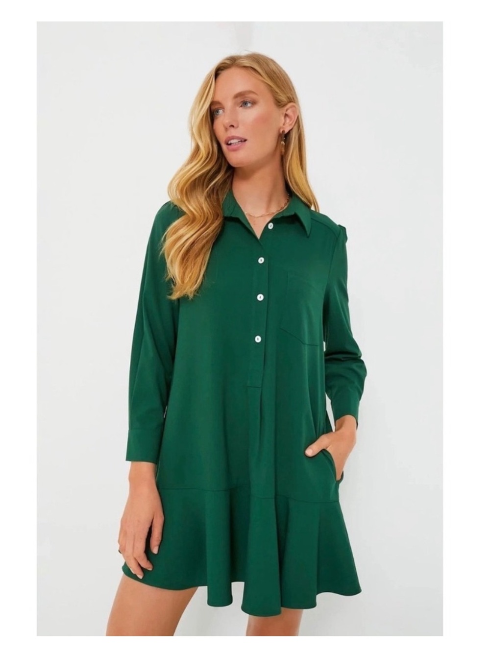 Tuckernuck Callahan Shirt Dress Hunter Green Ruffle Hem Long Sleeve Womens Large